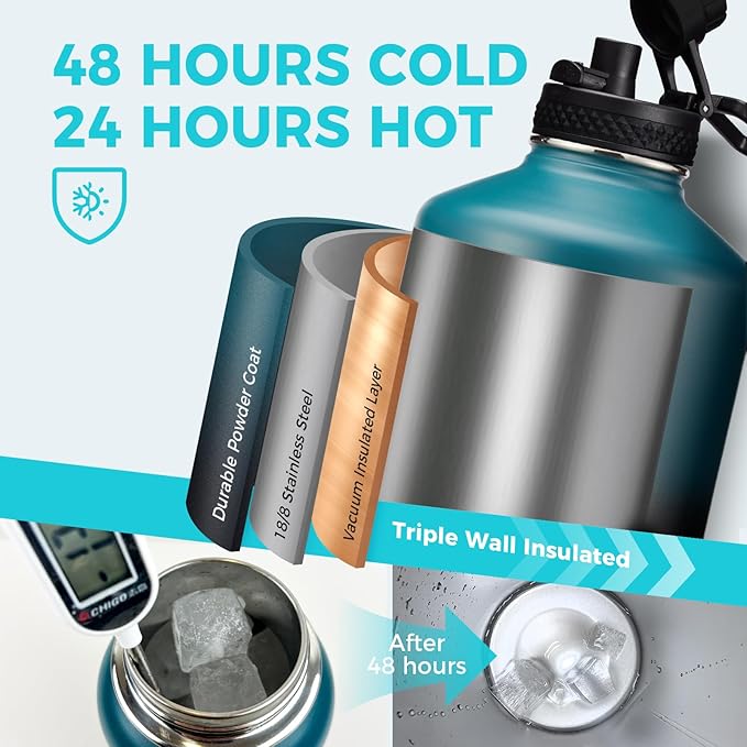 1 Gallon Insulated Water Bottle with Straw - 128oz 64oz Water Jug with Handle Paracord, Straw Spout Lids, Bottle Carrier, Triple Walled Stainless Steel Hydro Bottle, Metal Gallon Water Bottle Large