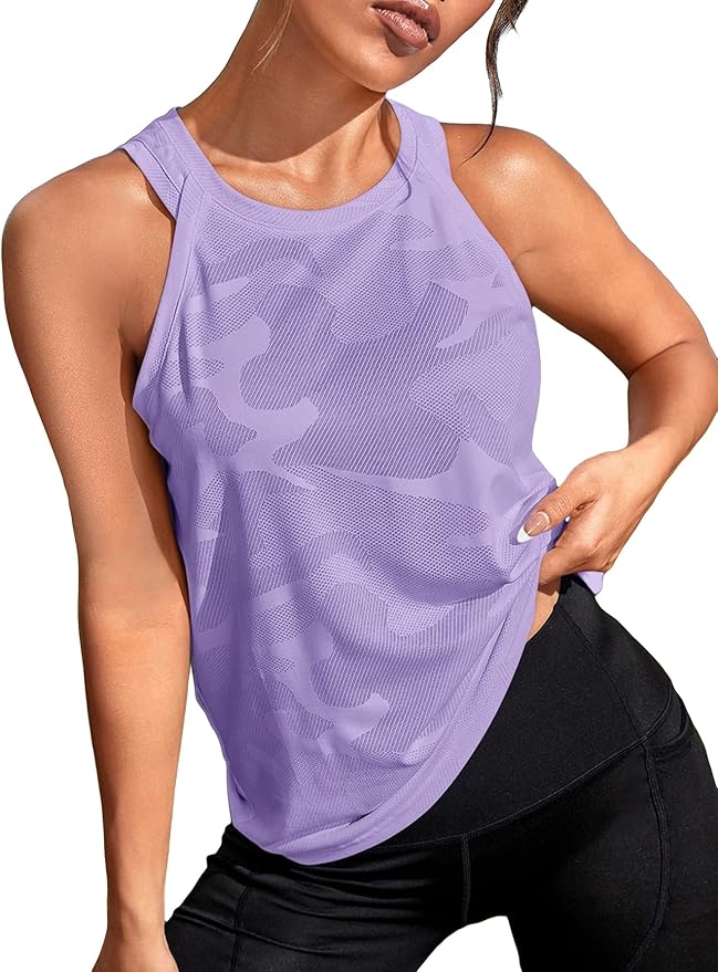 OYOANGLE Women's Camo Print Sleeveless Workout Shirts Exercise Running Tank Tops Active Gym Tops