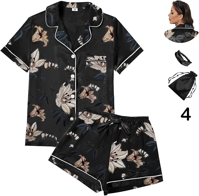 4Pcs Womens Satin Silky Pajama Sets Short Sleeve Shirt XS-4XL Floral Pajamas Set Soft PJ Loungewear Sleepwear