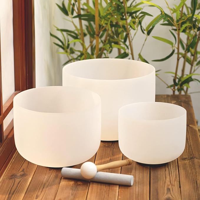 Hye-eun 3pcs 8"B 10"F 12"C Frosted Quartz Crystal Singing Bowl Set 432hz with Free Carry Bag Mallets & Rubber for Sound Healing Bath Keep Balance Therapy Meditation Yoga