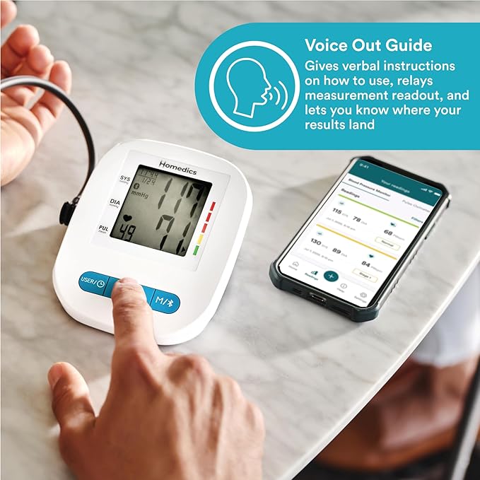 Homedics 500 Series Bluetooth Upper Arm Blood Pressure Monitor for Home Use, Voice Out Guide, Smart Measure, Irregular Heartbeat Detection, 2 Users, 120 Memories Each