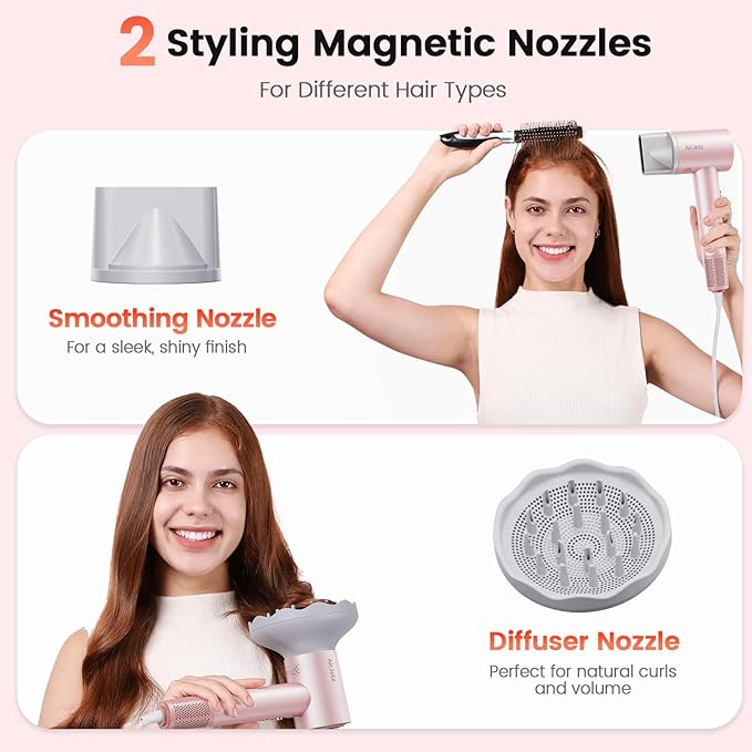 Hair Dryer, 160,000 RPM High-Speed Ionic Blow Dryer for Fast Drying, Professional Lightweight Hairdryer with Diffuser, Magnetic Nozzle, 4 Temps & 2 Speeds, Low Noise for Travel & Home - Pink