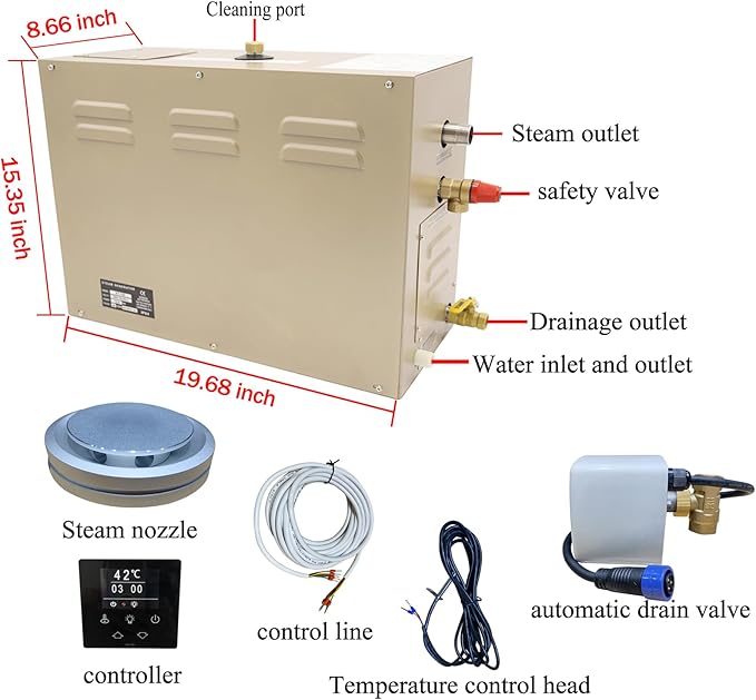 Steam shower generator,15kw Household-Commercial,Steam shower generator kit,with self-draining system,Temperature adjustable 95-131°F,Applicable space 420~560ft3