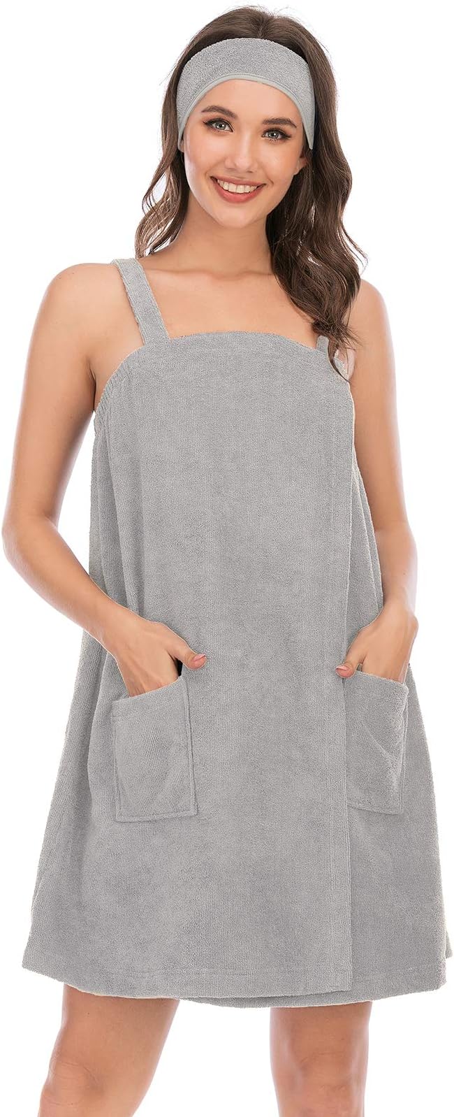 Veseacky Women Bath Wrap Towel for Womens Shower with Pocket Adjustable Spa Robe & Facial Headband