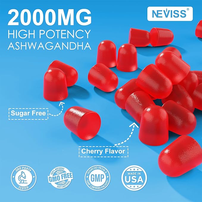 Ashwagandha Gummies, Magnesium Glycinate Gummies 2000mg for Adults, Vitamin B6, Zinc, Rhodiola Rosea, Lemon Balm, Relaxation Support, Natural Zzz, Brain, Muscle, Stamina, Energy, Sugar Free