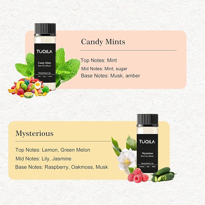 Waterless Diffuser Essential Oil Set(6X 20mL), Hotel Luxury Aroma Scent Oil My Way,Olene, Candy Mints, Mysterious, Bergamote Usage Cold Air Diffuser Oils Aromatherapy for Home, Office, Car