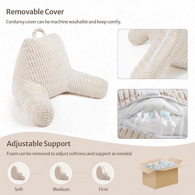 Blissful Diary Reading Pillow, Backrest Pillow with Shredded Memory Foam for Adult & Children, Designed for Bed and Couch Sitting Up, Includes Arms, Pockets and Washable Cover, Off White