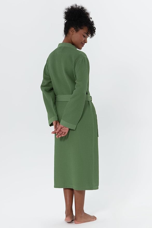 SEYANTE Womenโs Luxury Waffle Shawl Collar, Hooded Robe w Piping โ Lightweight, Long, Ultra Soft Spa Sleepwear Bathrobe