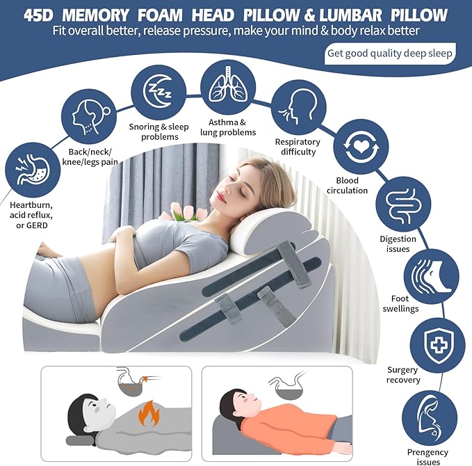 4PCS Orthopedic Bed Wedge Pillow Set with Full Memory Foam Waist Pillow, Wedge Pillow for Back Pain Relief, Adjustable Bed Wedge Pillow for Sleeping, Post Surgery, Leg Elevation, Acid Reflux & GERD