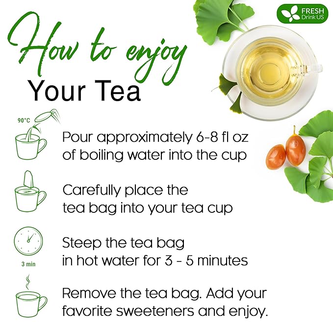 FreshDrinkUS, Premium 30 Ginkgo Biloba Leaf Tea Bags, 100% Natural & Pure from Ginkgo Biloba Leaves. Loose Leaf Herbal Tea. Made with Eco-Conscious Tea Bags. No Sugar, No Caffeine, No Gluten, Vegan.