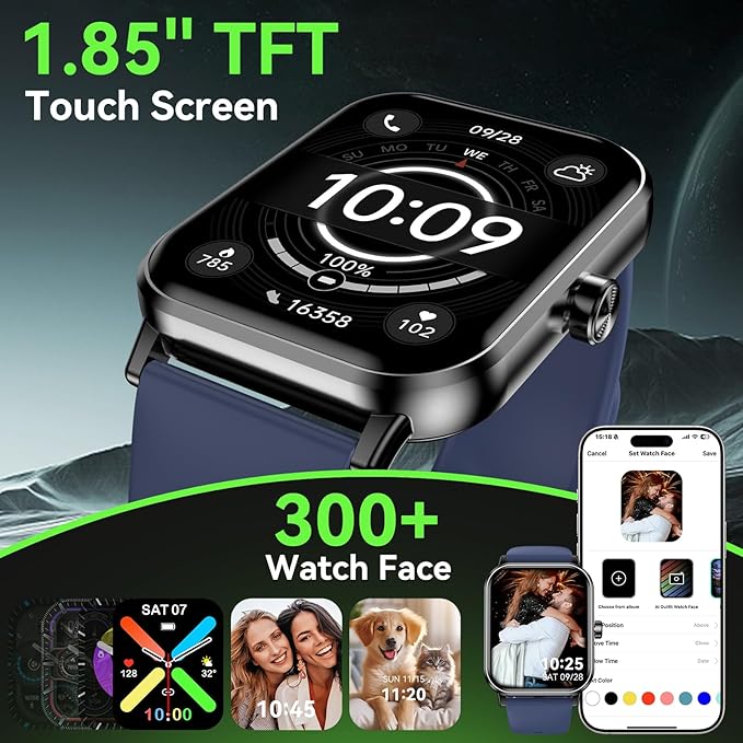 Smart Watch for Men Women, 1.85" HD Touchsreen Fitness Tracker, 120+ Sport Modes, 24/7 Heart Rate & Sleep Monitor, Pedometer, Calories, IP68 Waterproof, Fitness Watch for Android iPhone (Blue)