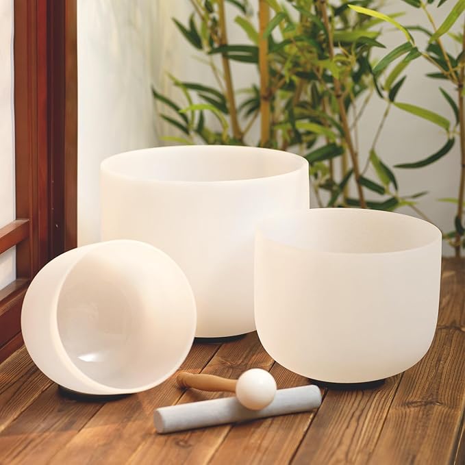 Hye-eun 3 Pcs 8"A 10"E 12"D Frosted Quartz Crystal Singing Bowls Set 432hz with Carry Bag Mallets & Rubber for Sound Healing Bath Keep Balance Therapy Meditation Yoga