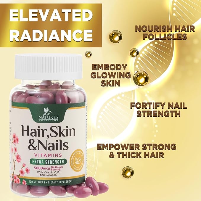 Hair, Skin & Nails Vitamins for Women - Biotin 5000mcg to Support Hair Growth with Argan Oil, Collagen & Hyaluronic Acid, Beautiful, Stronger Skin, Hair & Nails Vitamin Supplement - 120 Softgels