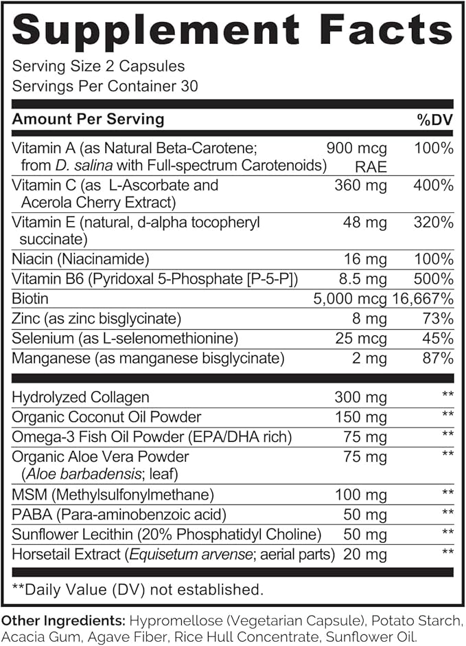 NATURELO Hair, Skin and Nails Multivitamin - 5000 mcg Biotin, Collagen, Natural Vitamin E - Supplement for Healthy Skin, Hair Growth for Women and Men 60 Capsules