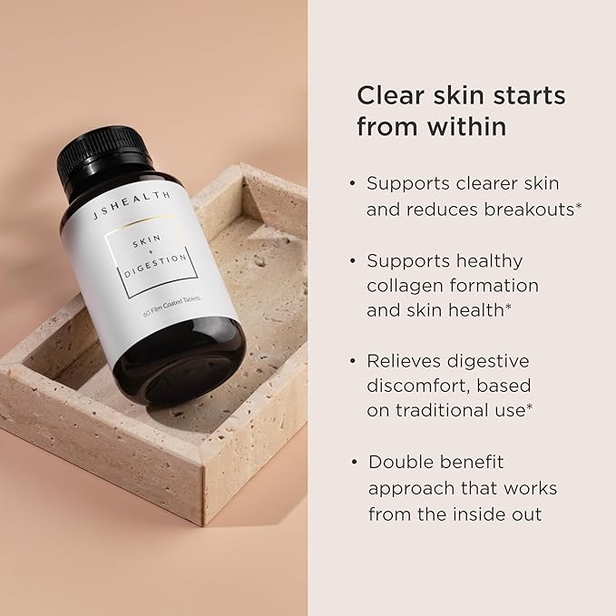 JSHealth Vitamins Skin and Digestion Formula Skin Vitamins | Clear Skin Supplement with Zinc for Acne | Acne Supplements for Clear Healthy Skin | Acne Treatment for Teens and Adults | 120 Count