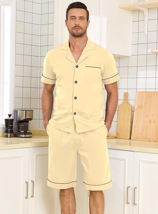 COLORFULLEAF Men's 100% Cotton Short Sleeve Pajama Sets Button Down Notched Collar Sleepwear Soft Lounge Pjs with Pockets