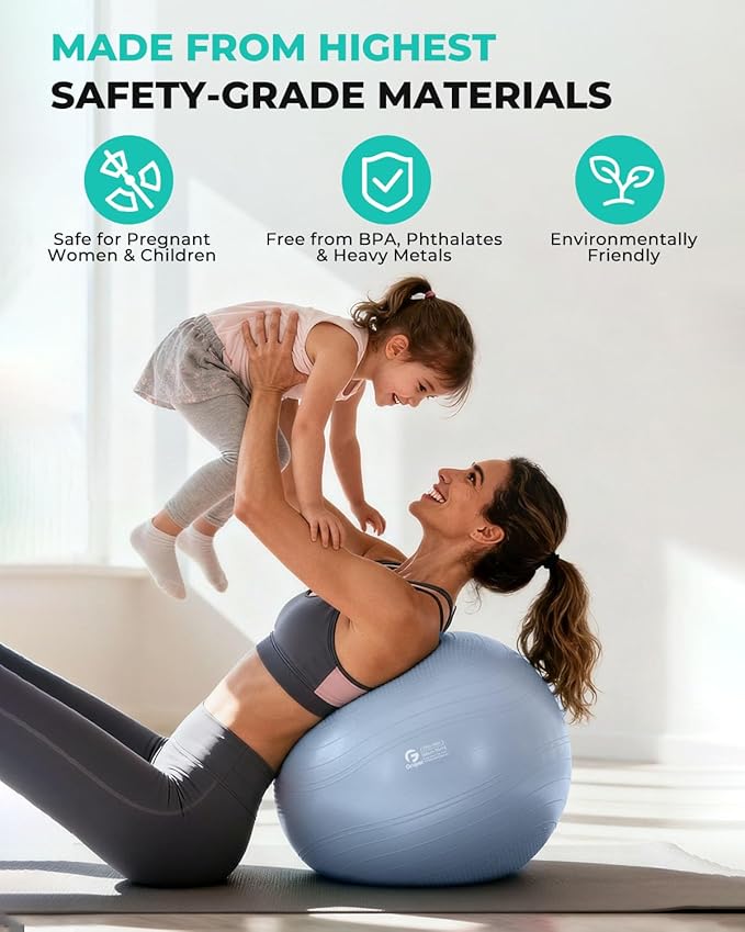 Gruper Yoga Ball, Extra Thick Exercise Ball for Workout Pregnancy Stability - 4 Sizes Anti Burst Balance Ball for Yoga, Pilates, Fitness, Birthing, Physical Therapy - Includes Pump