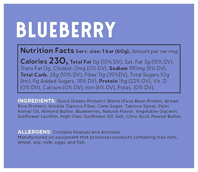good! Snacks Blueberry Vegan Protein Bar, Soy & Gluten Free, Plant Based, Low Sugar, 15g Clean Protein, Natural Healthy Superfood Snack, Kosher Friendly, For Athletes & Active Lifestyles, 12 Bars