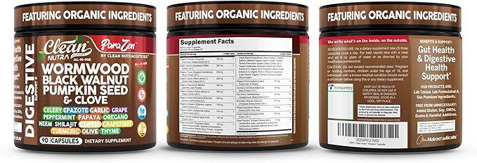 Clean Nutra Wormwood Black Walnut Pumpkin Seed Clove Oil Celery Garlic Grape Papaya Neem Diatomaceous Earth Womens Probiotic Gut Health Cleanse Detox Oregano Olive Turmeric Supplement Vegan Capsules