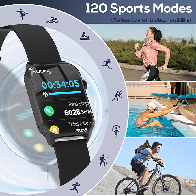 Smart Watches for Women Men, 1.83" HD Smartwatch with 120 Sports Modes, IP67 Waterproof, Bluetooth Call and Music Control;Heart Rate and Sleep Monitor (Black)
