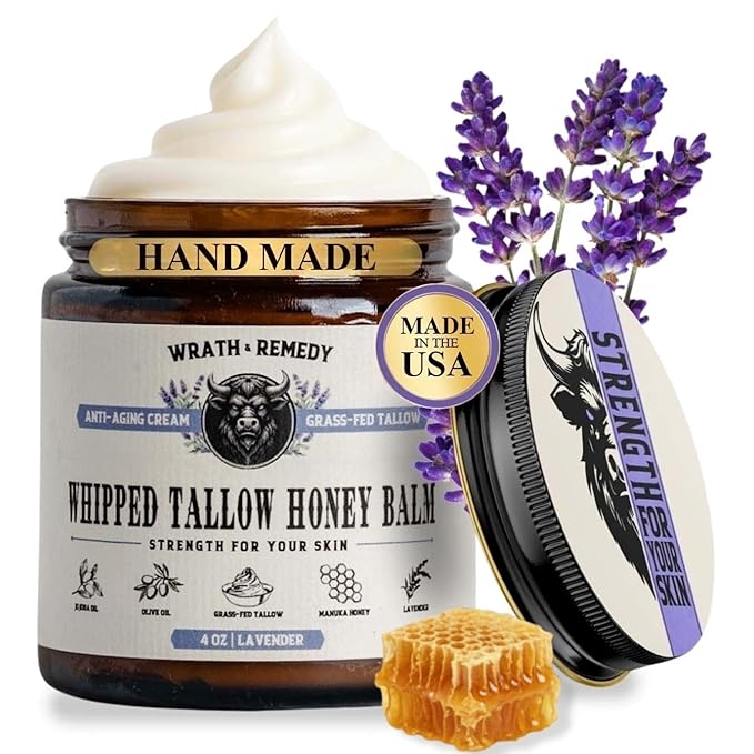 Organic Beef Tallow for Skin - 4 OZ (Lavender) โ Grass Fed Beef Tallow for face + Body โ US-Made Whipped Tallow and Honey Balm Moisturizer for Dry and Sensitive Skin, Eczema, Rosacea (No Additives)