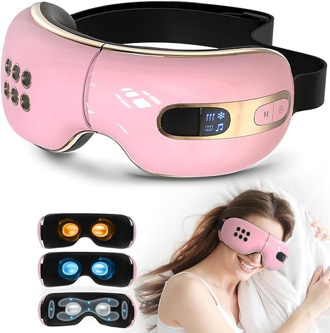 Eye Massager with Heat and Cooling for Migraines, Dry Eyes, Dark Circles, Rechargeable Bluetooth Music Heat Cold Eye Massager Mask Improve Sleeping Gifts for Woman and Man