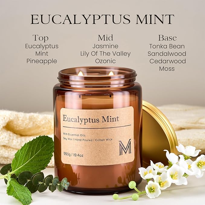 M&SENSE Eucalyptus Mint Home Scented Candle | 19.4oz, 115-Hour Burn | Natural Organic Soy Wax | Long-Lasting for Stress Relief and Gifting | for Bedroom,Relaxing SPA,Office