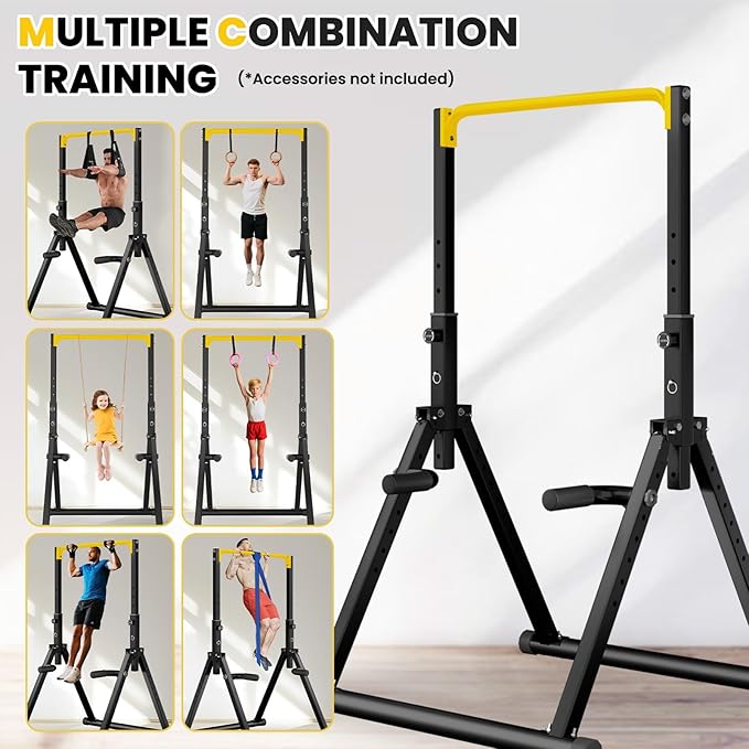 DOBESTS Foldable Power Tower Pull Up Bar Dip Station Adjustable Multifunction Workout Pull Up Tower Station Gym Strength Training Equipment for Home Outdoor, Triangular Legs, Support 700lbs