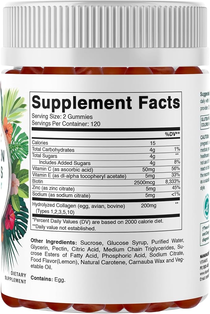 Vitamatic Hydrolyzed Collagen Gummies with Vitamin C, Zinc and Biotin, 200 mg - Healthy Skin Support - 240 Gummies