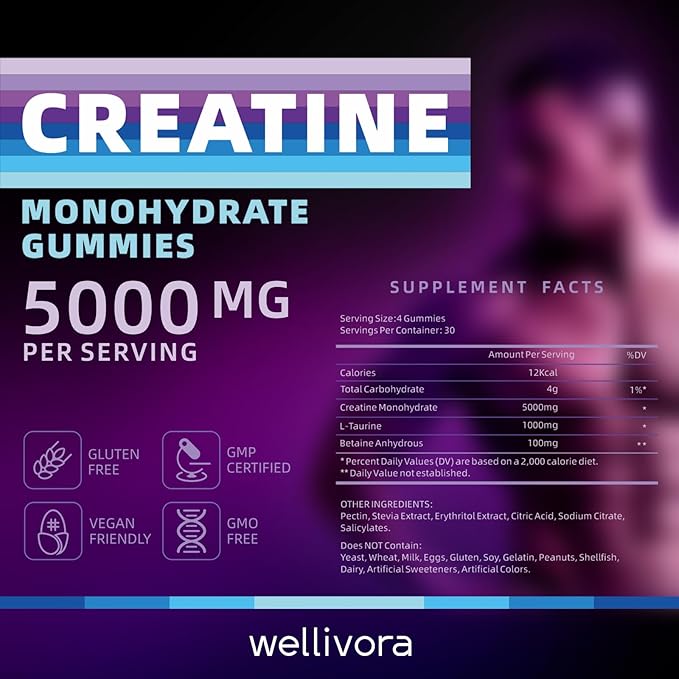 Creatine Monohydrate Gummy - 5000mg per Serving, 120 Count - Supports Muscle Strength, Endurance, and Energy - Delicious Blackcurrant Flavor - Gluten-Free, Vegan-Friendly
