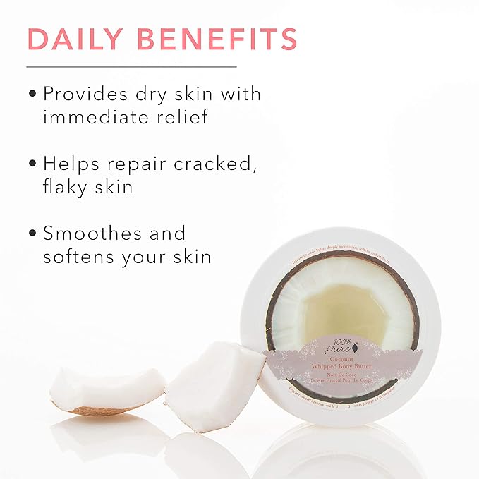 100% PURE Coconut Whipped Body Butter, Body Lotion for Dry Skin, Made with Shea Butter, Cocoa Butter, Moisturizing Body Cream, Natural Lotion - 3.4 oz