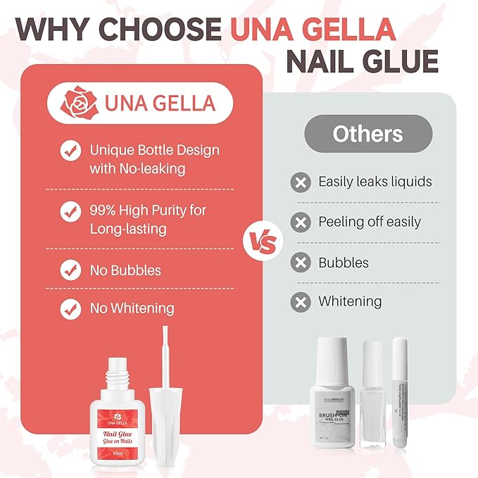 UNA GELLA Super Strong Nail Glue for Nail Tips Acrylic Nails Press On Nails Nail Bond Brush On Long Lasting Nail Glue for Broken Nails Repair Fake Nails Tips Nail Adhesive Bond 10ml/0.33oz