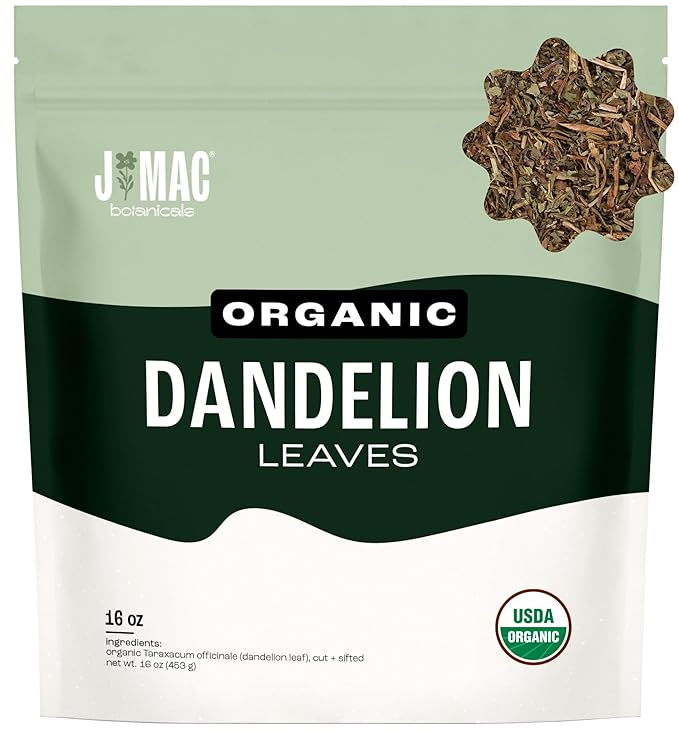 J Mac Botanicals, Organic Dandelion Leaves (16 oz bag) USDA Certified Organic Dandelion leaf tea, te diente de leon organico, Packaged in the USA, Cut and Sifted, No Caffeine, Fresh dried dandelion