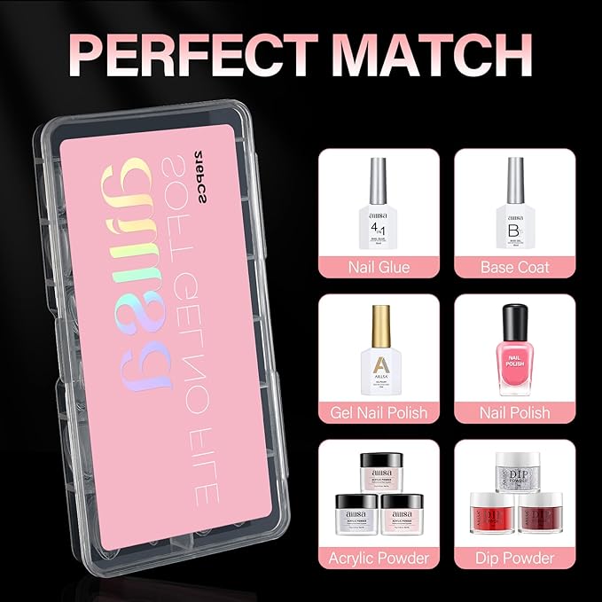 AILLSA Short Almond Nail Tips Pre-Shaped Acrylic Nail Tips Half Matte Full Cover Nails Tips Clear Gelly Press on Flase Tip Nail for Extension Nail Manicure Home DIY 240PCS 15Sizes