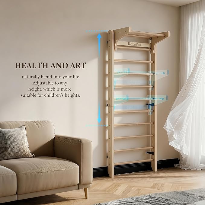 Multi-Function Gymnastics Swedish Ladder,Wall Mounted Wooden Gymnastics Bar,Indoor Home Gym for Kids & Adults