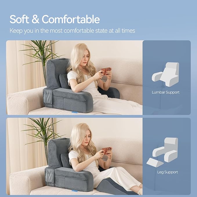 Kayfia Reading Pillow, 10 in 1 Back Pillow for Bed Sitting up with Detachable Arms Rest, Back Rest with Gel Memory Foam, Husband Pillow for Reading/Gaming/Working in Bed or Couch 21'', Gray