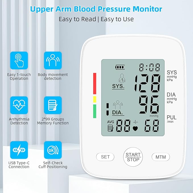 AILE Blood Pressure Monitor, Upper Arm Blood Pressure Machine, Automatic Blood Pressure Monitors for Home Use BP Monitors with Large Cuff 8.7-16.5” Adjustable, 2 * 99 Sets Memory, Digital LCD Display