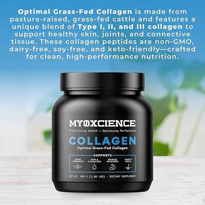 MYOXCIENCE Optimal Grass-Fed Collagen Powder | Bovine Collagen Peptides | Supports Collagen Production, Joint Health, Skin Elasticity, and More (30 Servings)