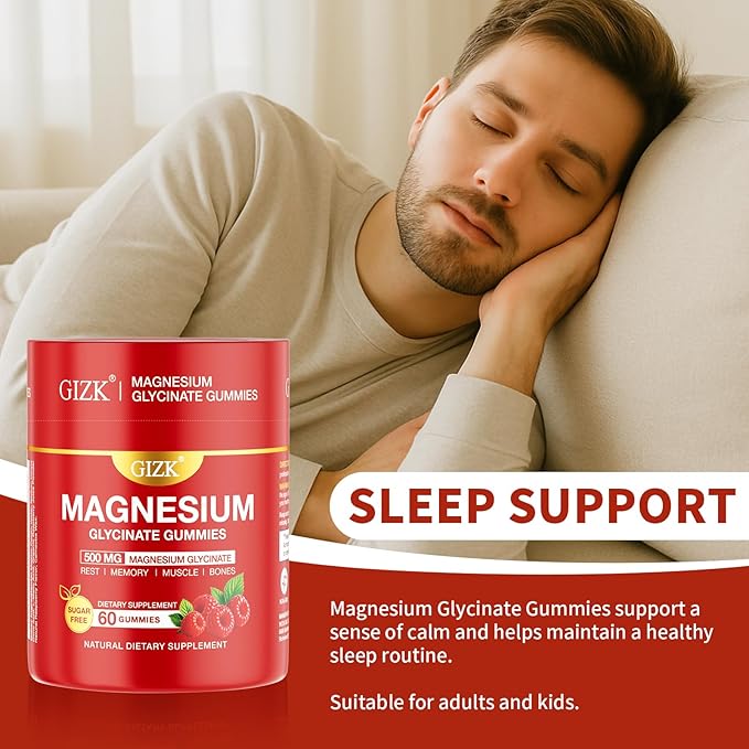 Magnesium Glycinate Gummies 500mg – Sugar Free Raspberry Flavor Magnesium Gummies for Sleep, Stress, Muscle & Nerve Support – Vegan, No Melatonin – 60 Count for Adults & Kids