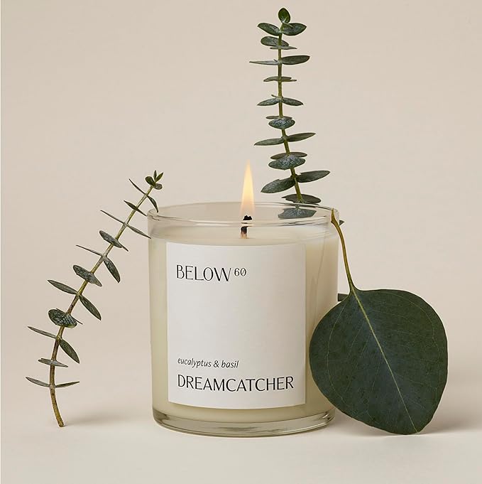 Below 60 Scented Candle – Dreamcatcher – Essential Oil-Based Fragrance – Hand-Made with Paraffin-Free Soy Wax – 100% Cotton Wick – 50 hr Burn Time - Founded by Hilary Duff – Eucalyptus & Basil (10oz)