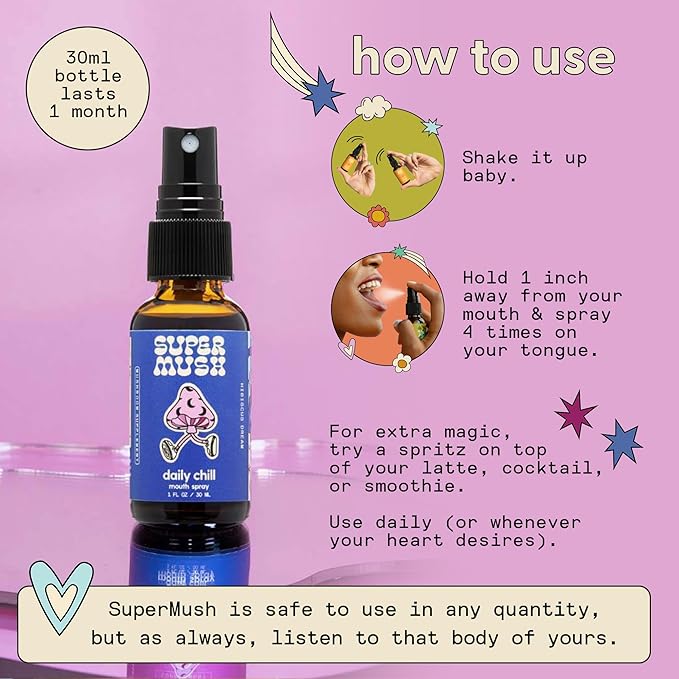 SuperMush Daily Chill Mouth Spray - Mushroom Spray Supplement Reishi - Hibiscus & Ashwagandha Mixed Mushrooms Extract Pure Liquid Sprays - Stress Relief, Relaxing & Calming - 30ml Organic Lion’s Mane