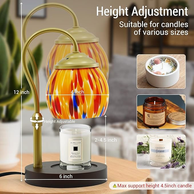 Candle Warmer Lamp with Timer, Dimmable Wax Warmer Lamp with 2 Light Bulbs, Height Adjustable Stained Glass Lamp Candle Warmer for Jar Candles, Home Room Decor, Gifts for Women Mom