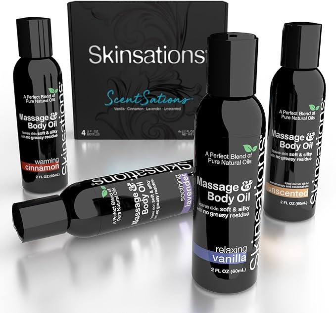 Skinsations - Massage Oil Kit (Set of 4) Natural Scents of Vanilla, Cinnamon, Lavender | Blend of Sweet Almond Oil, Fractionated Coconut Oil, Grapeseed Oil & Jojoba Oil, Travel Size