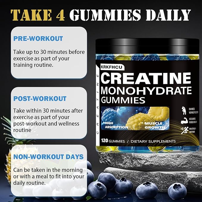 Creatine Monohydrate Gummies for Men & Women - Complex 8000 MG PreWorkout Supplement Creatine Gummy with BCAA, L-Taurine & Vitamin B12 for Muscle Builder, Strength & Energy Boost, 120 Count 1Pack