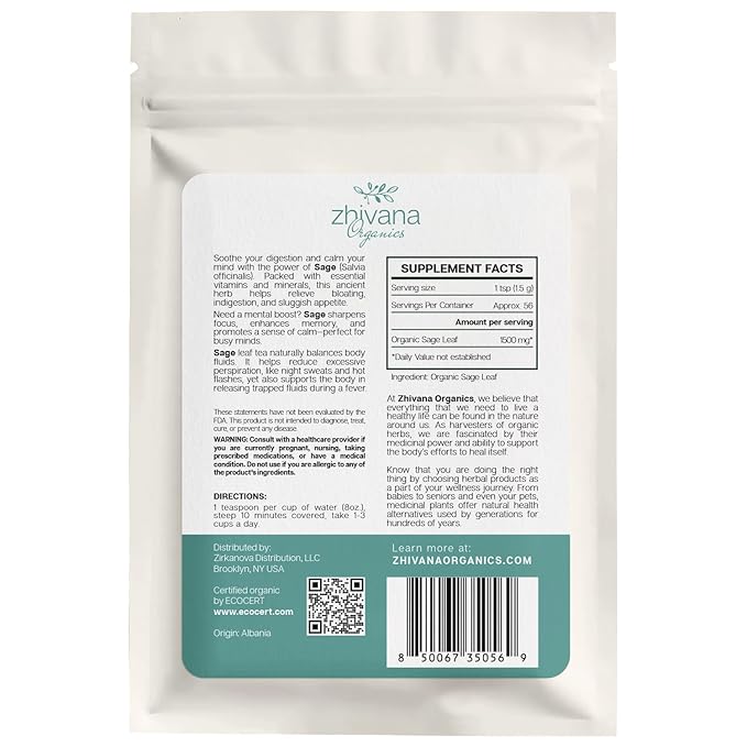Organic Sage Leaves (4 oz.) - Sage Tea Loose Leaf (Salvia officinalis) β Edible Grade for Tea, Seasoning & Herbal Uses