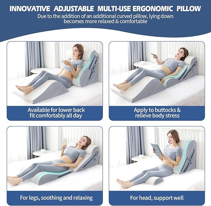 6PCS Orthopedic Bed Wedge Pillow Set with Whole Memory Foam Waist Pillow, Bed Wedge Pillows for Sleeping/Back Pain Relief, Adjustable Leg Elevation Pillows for After Surgery, Swelling, Circulation