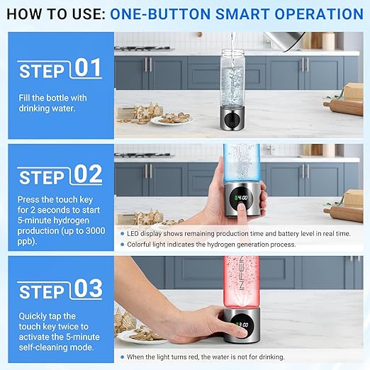 Hydrogen Water Bottle, 3000PPB Portable Hydrogen Water Ionizer Machine, Rechargeable Hydrogen Water Bottle Generator with SPE & PEM Tech, Hydrogen Water Cup for Gym Office Home Travel