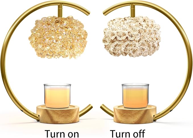 Gold Candle Warmer Lamp for Jar Candles with Adjustable Brightness&Timer,Handcrafted Crystal&Wooden Base, Luxurious Design,Home Decoration Electric Candle lamp(C-Shaped)