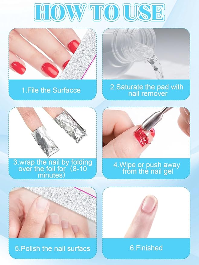 EBANKU Nail Polish Remover Kit, 120ML Professional Soak off Gel Remover with 50pcs Nail Foil and Tools for Nail Moisturizing & Care, Acrylic Dip Powder Nails Remover