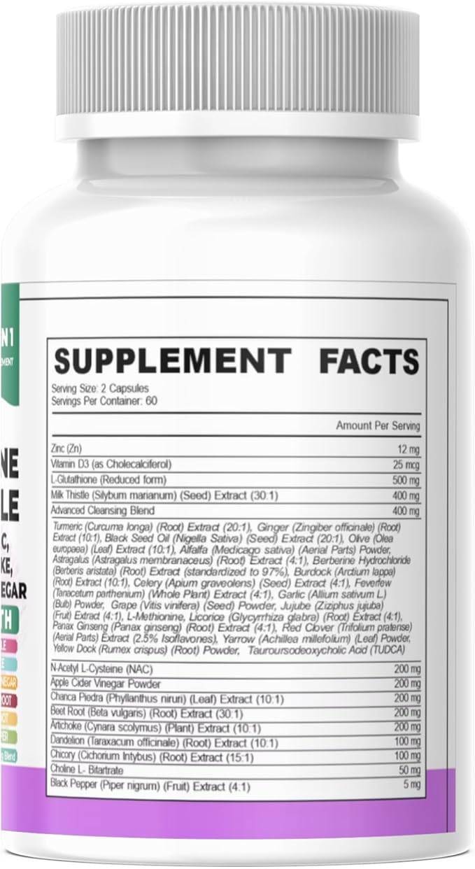 Glutathione NAC Milk Thistle Supplement | Liver Health Support | 32-in-1 Herbal Antioxidant Formula with Chanca Piedra, Turmeric, Dandelion Root, Beet Root & Zinc | Halal Vegan Organic Daily Wellness